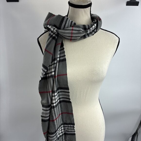 Plaid Fringe Scarf Gray Black Red Check Winter Soft Warm Unisex Accessory - Picture 5 of 6